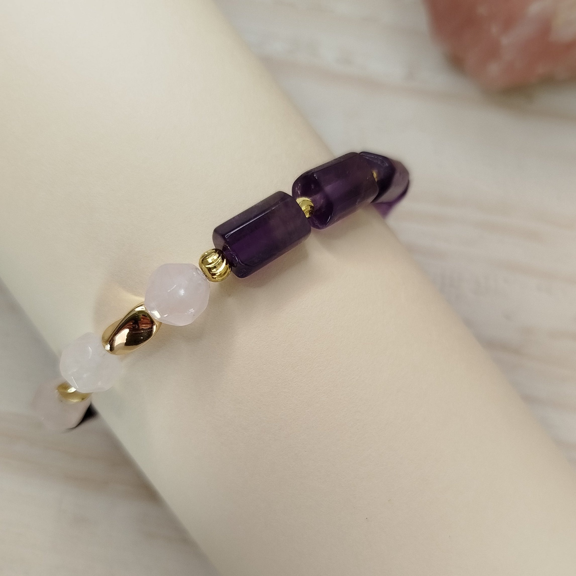 Pulsera Zénara – Amatista y Cuarzo rosa para limpieza y sanación espiritual
