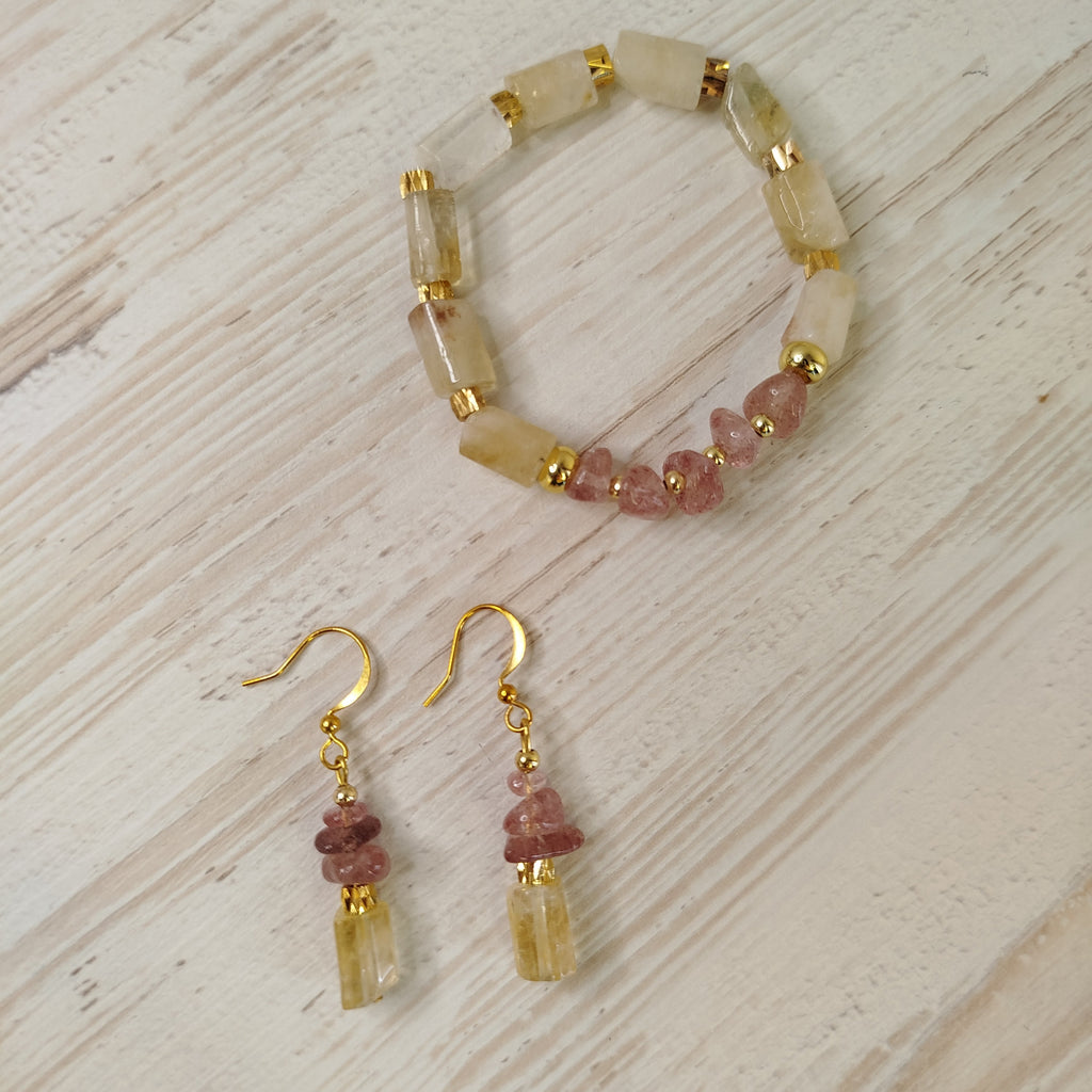 Pendientes Cressolira - Citrino y Cuarzo fresa para limpieza, alegría y abundancia