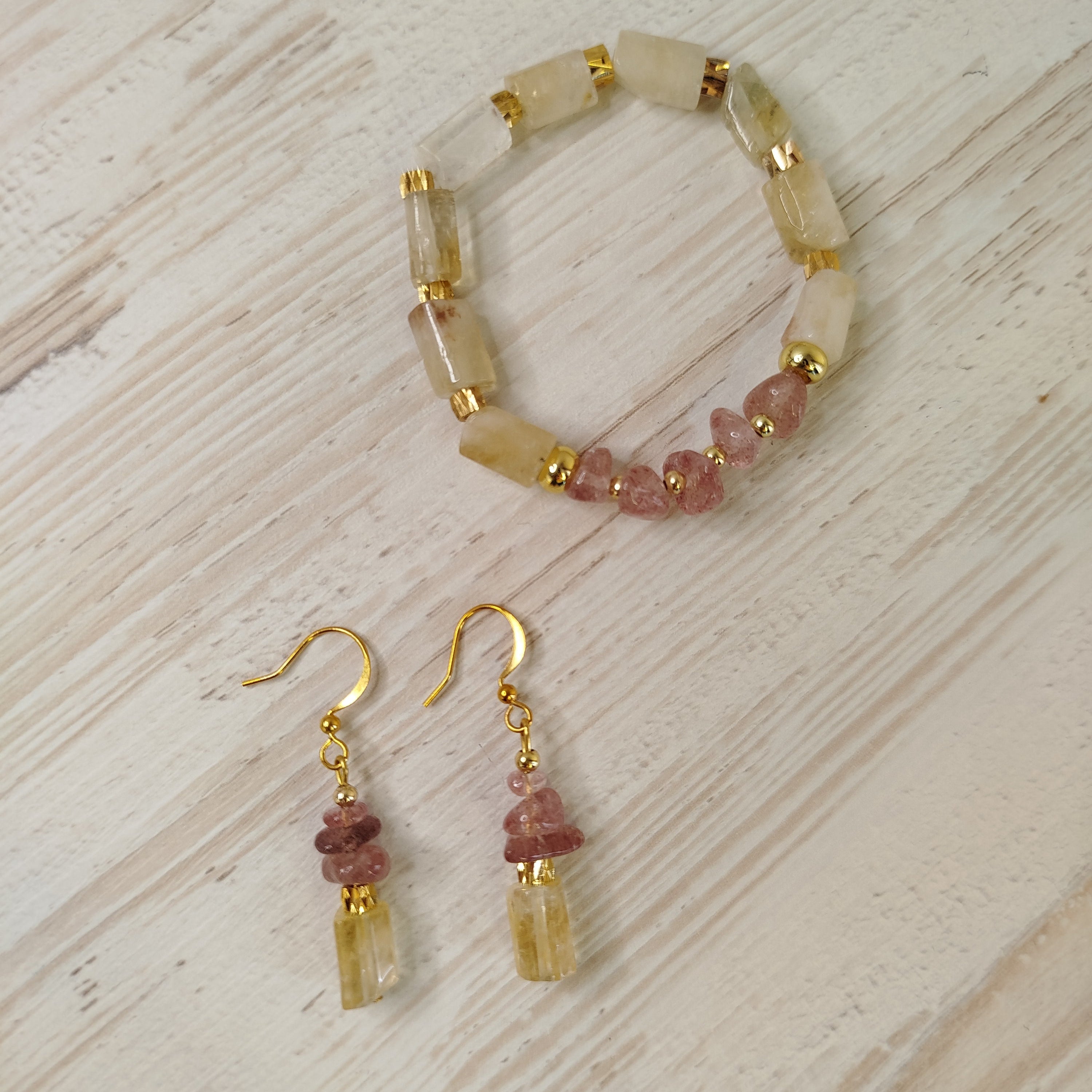 Pendientes Cressolira - Citrino y Cuarzo fresa para limpieza, alegría y abundancia