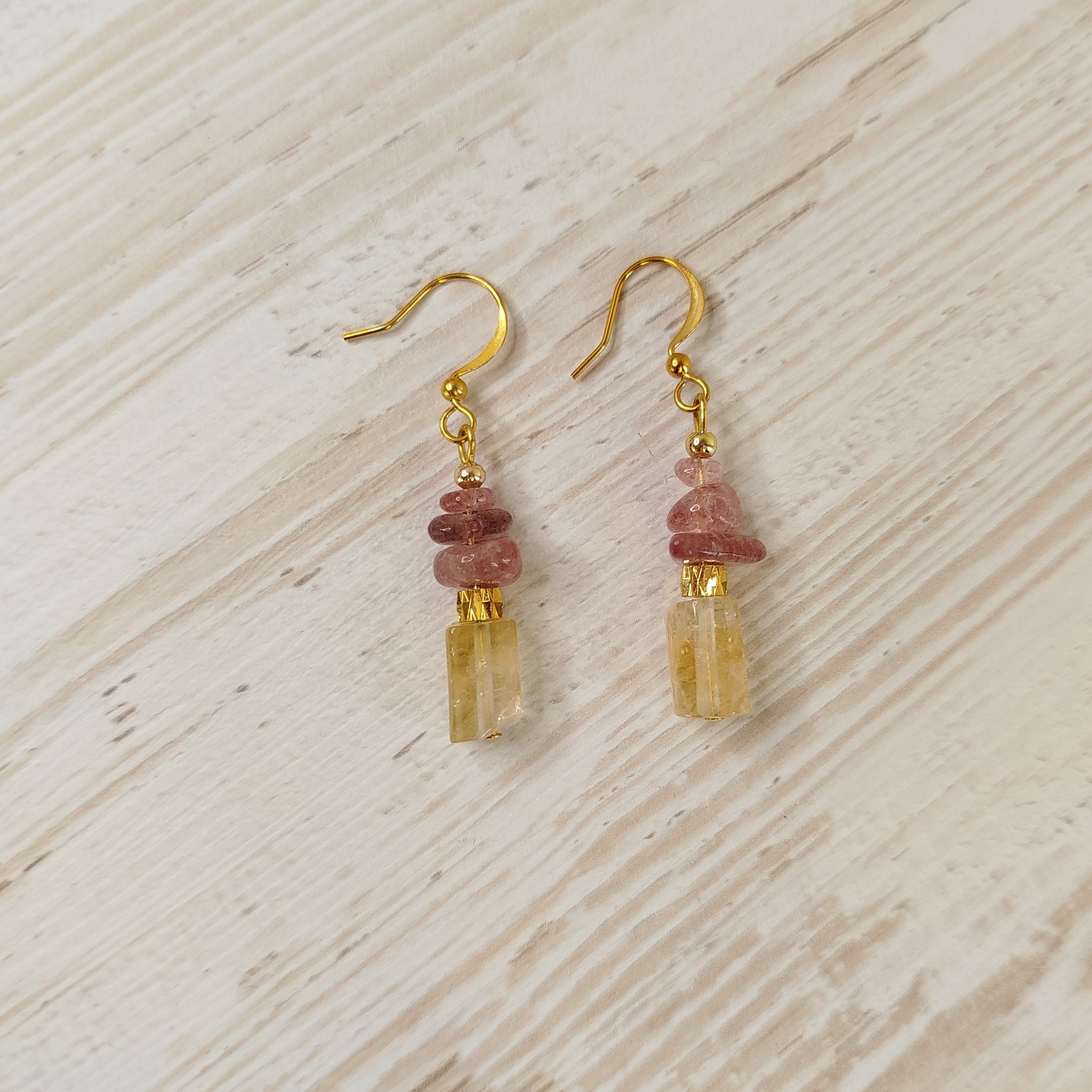 Pendientes Cressolira - Citrino y Cuarzo fresa para limpieza, alegría y abundancia