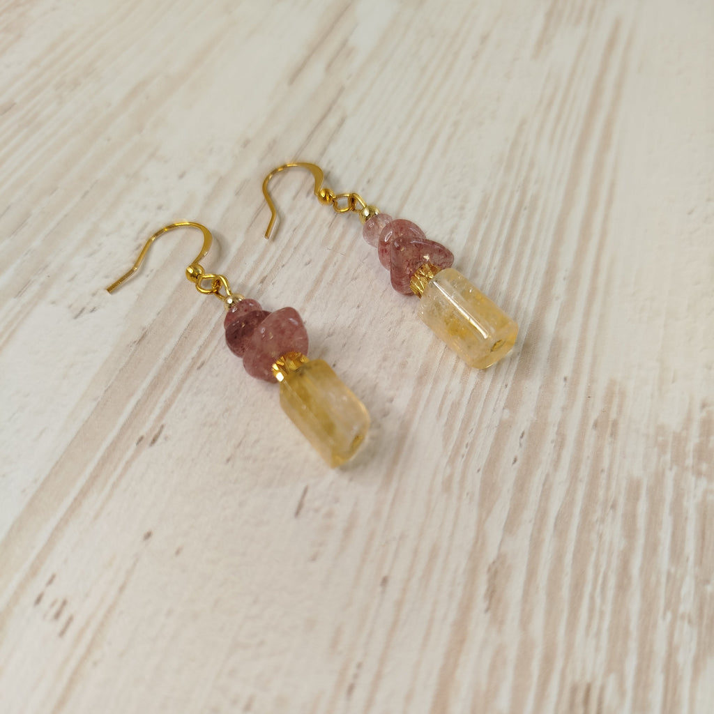 Pendientes Cressolira - Citrino y Cuarzo fresa para limpieza, alegría y abundancia