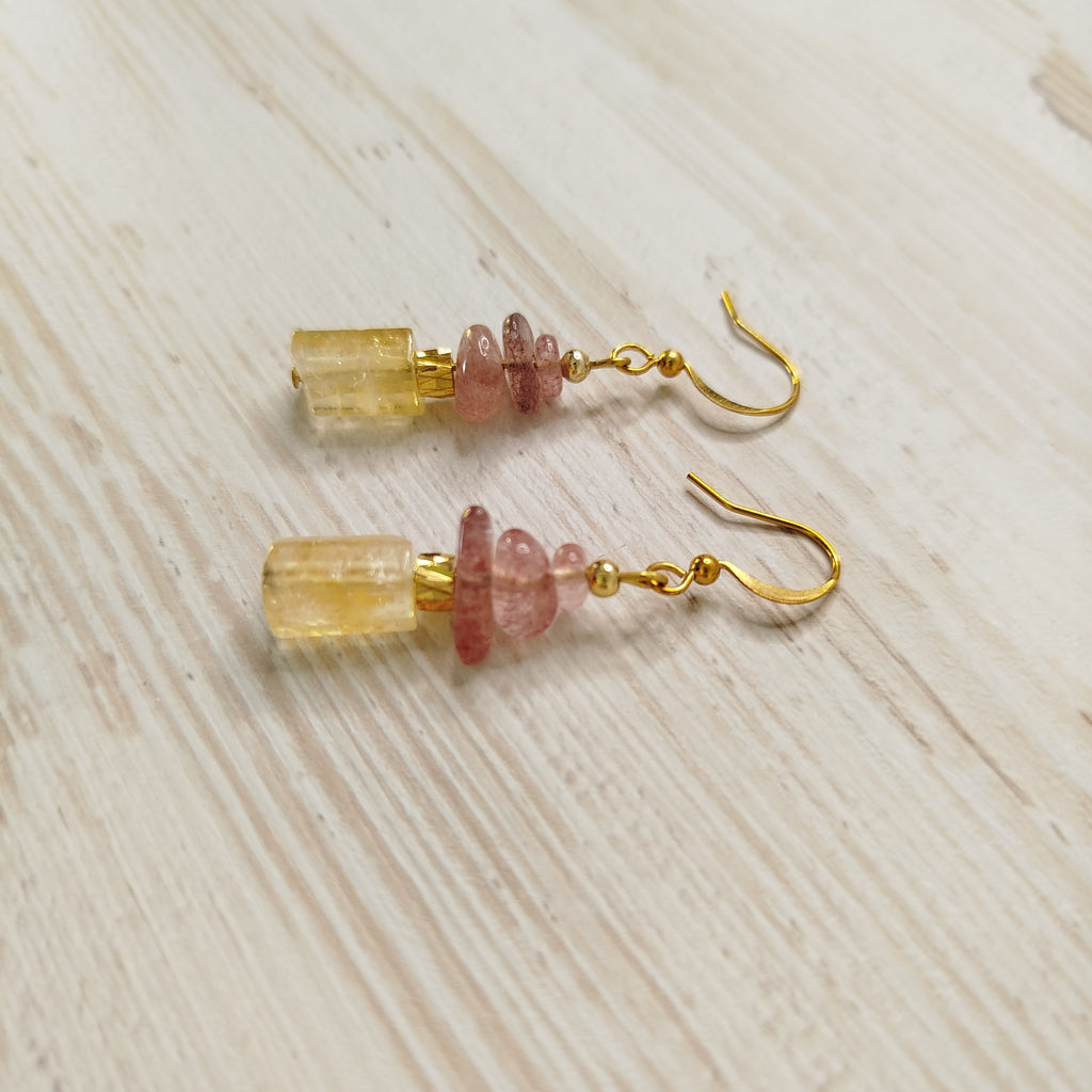 Pendientes Cressolira - Citrino y Cuarzo fresa para limpieza, alegría y abundancia