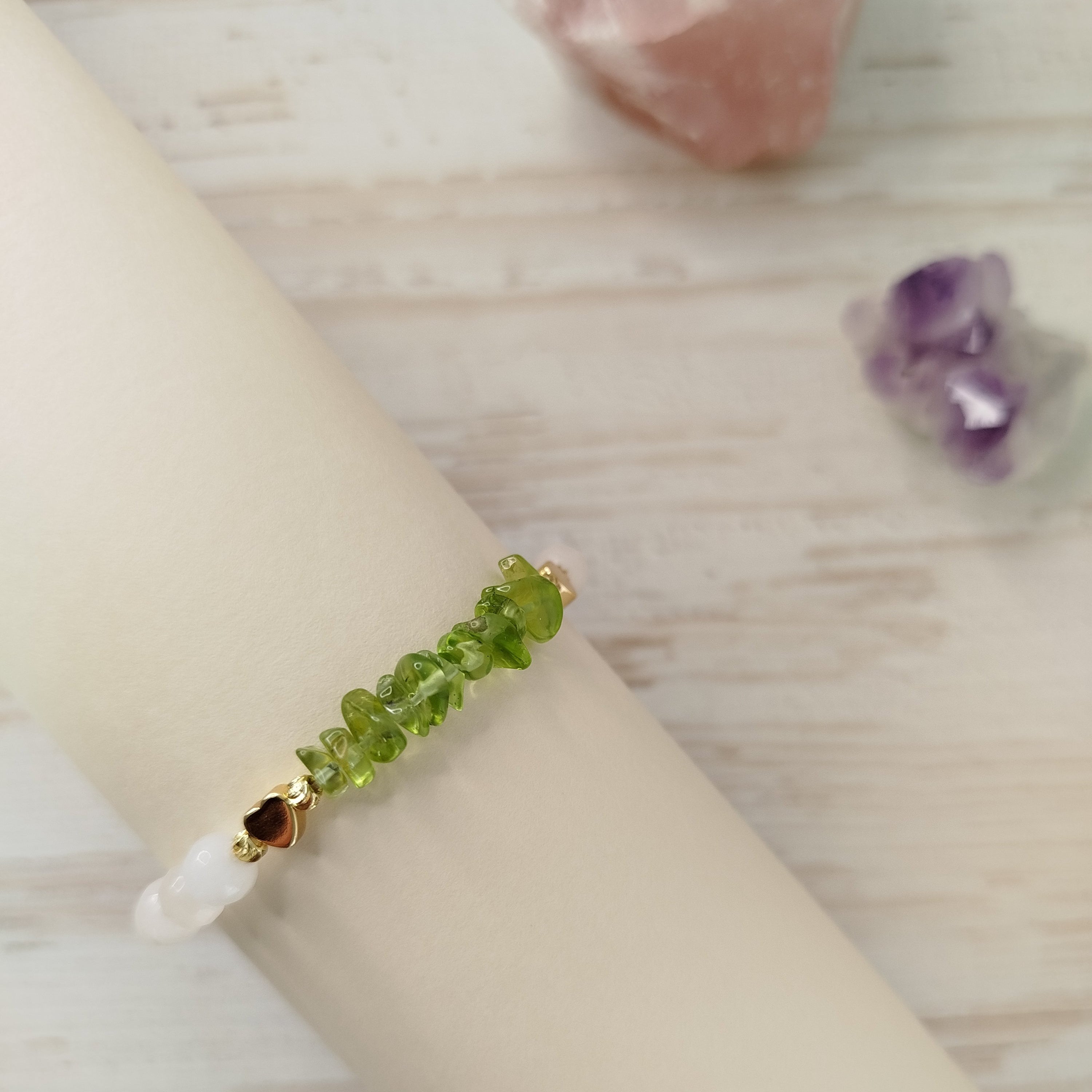 Pulsera Rosveriel · Peridoto y cuarzo rosa para limpieza, amor y sanación emocional