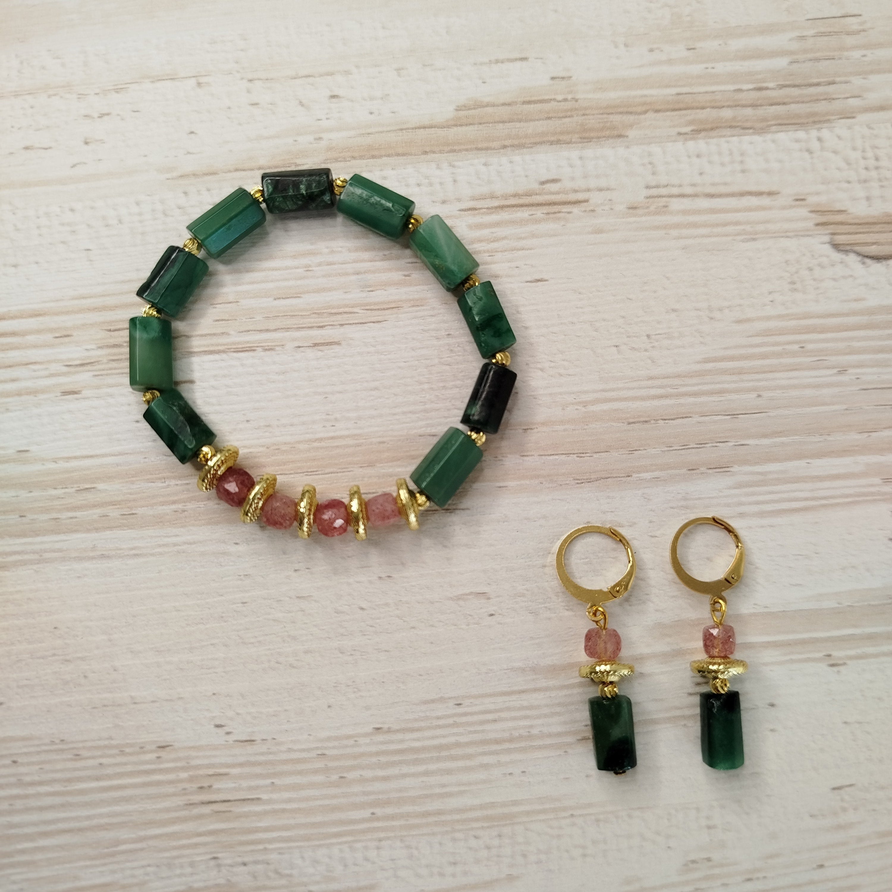 Pendientes Emeryselle - Esmeralda y cuarzo fresa para amor, sanación y sabiduría