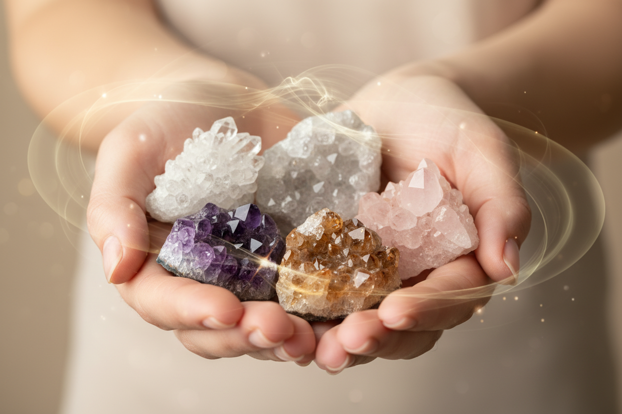 diferentes cristales de la familia del cuarzo en drusas cogidos entre unas manos femeninas, si puede ser que se vea como emiten vibración, quiero que el fondo se vea realista, un fondo neutro y cálido