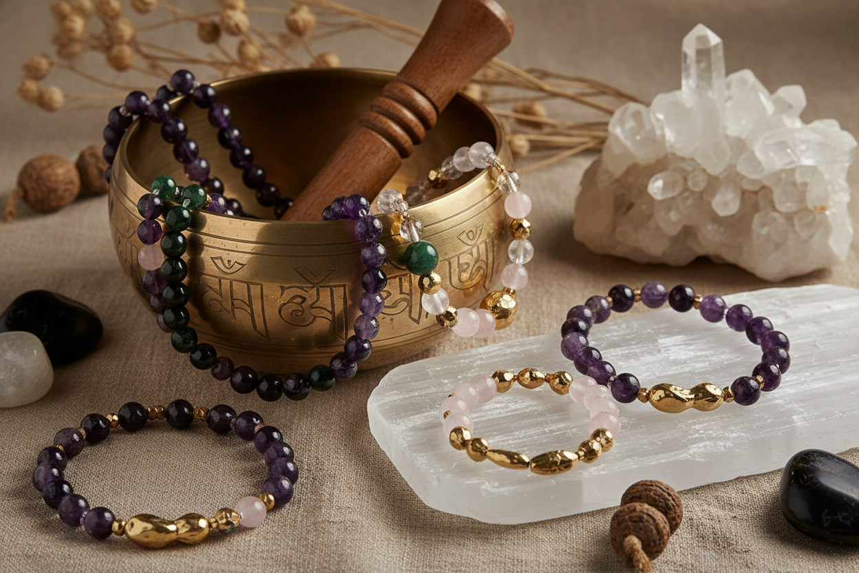joyas de minerales con abalorios dorados dentro de un cuenco tibetano y también encima de una placa de selenita, el fondo neutro y cálido, todo muy orgánico