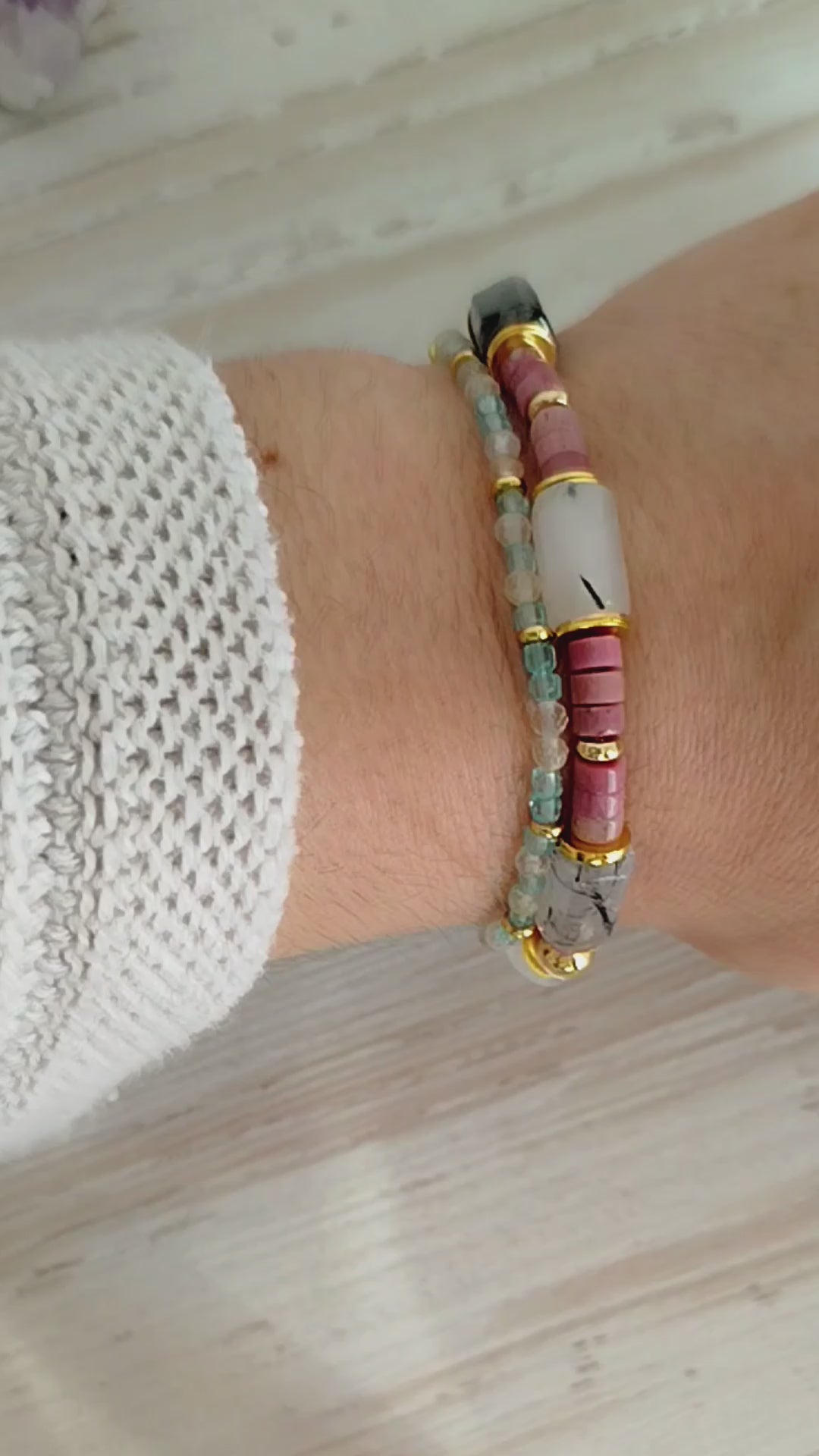 Verónica: pulsera citrino + topacio / pulsera rodonita + cuarzo turmalinado, 16 cm